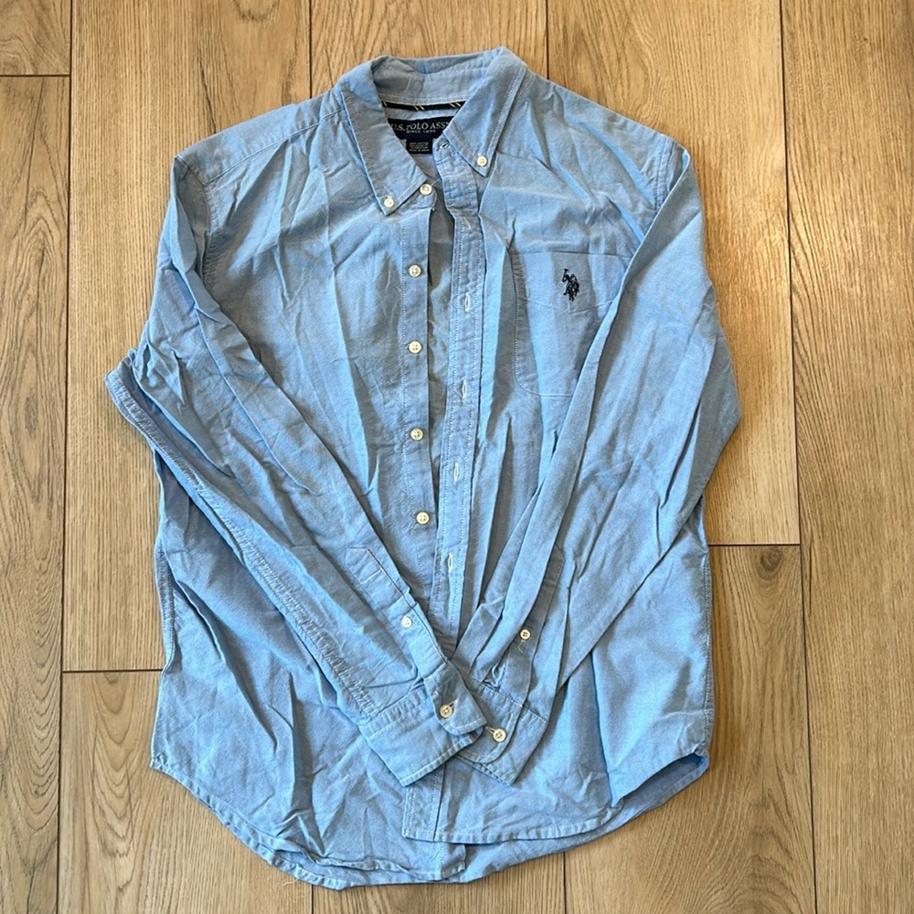 US Polo Assn. Long Sleeve Blue Polo Button Down Shirt with Polo Detail on Pocket